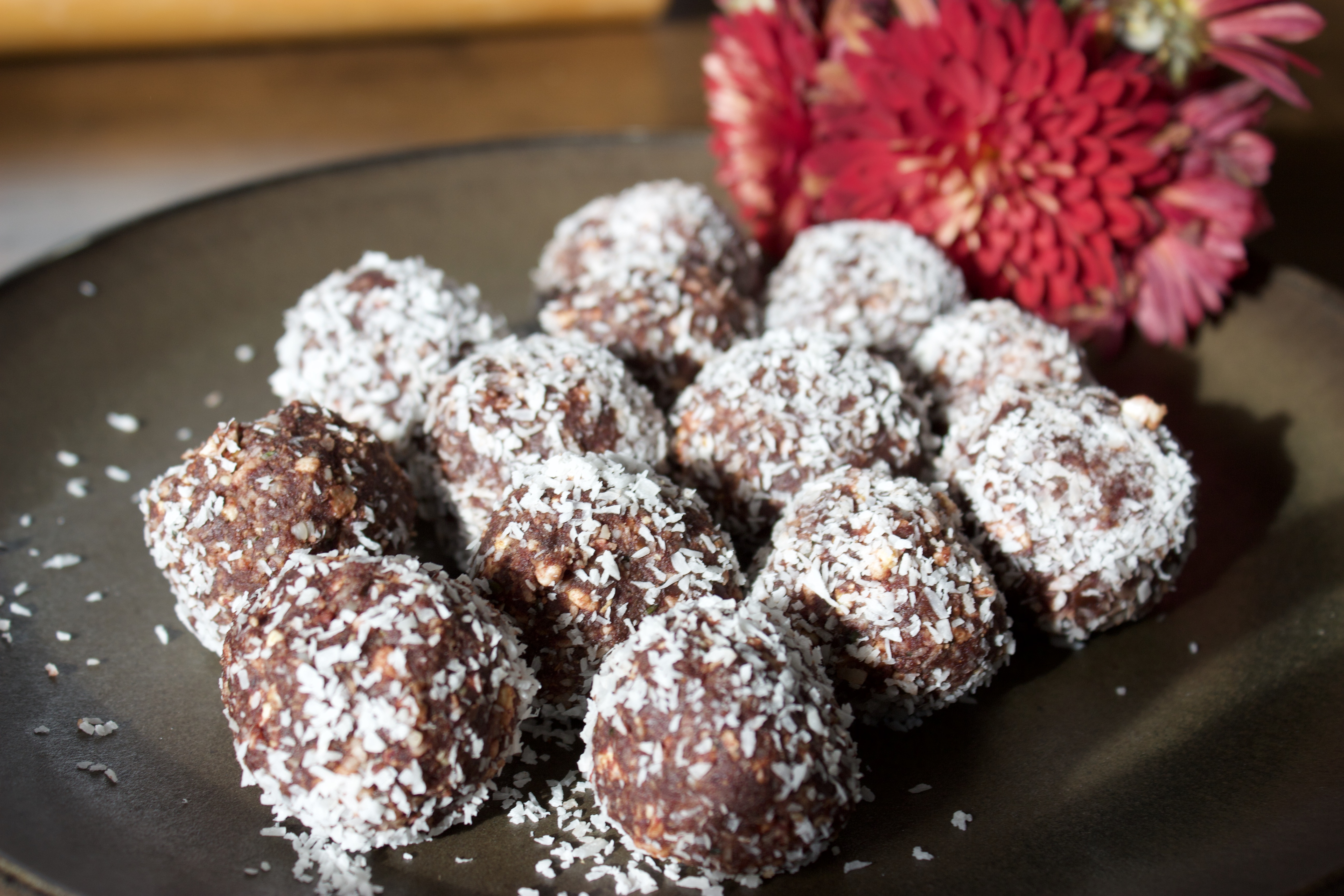 chocolate bliss balls coated in coconut 
